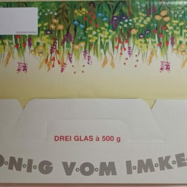 Geschenkkartons Blumenwiese mit Aufdruck "Honig vom Imker" und rückseitigem Stempelfeld für 3 x 500 g