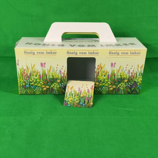Geschenkkartons Blumenwiese mit Aufdruck "Honig vom Imker" und rückseitigem Stempelfeld für 3 x 500 g